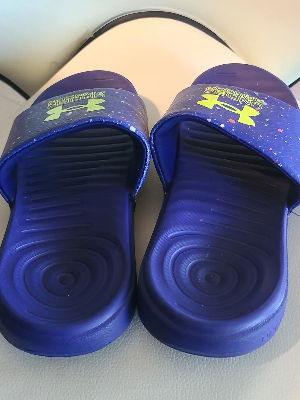 Under Armour Kids Blue-Purple Slide Sandals with Neon Yellow Logo